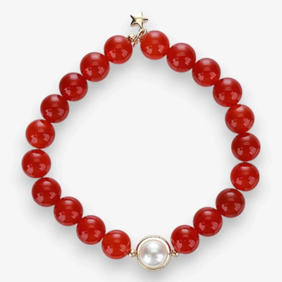 Natural Red Agate & Freshwater Pearl Bracelet, Women's Jewelry Symbol of Grounding & Purity