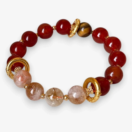 Natural Yellow 'Pagoda' Phantom Quartz & Red Agate Bracelet, Symbol of Prosperity & Grounding