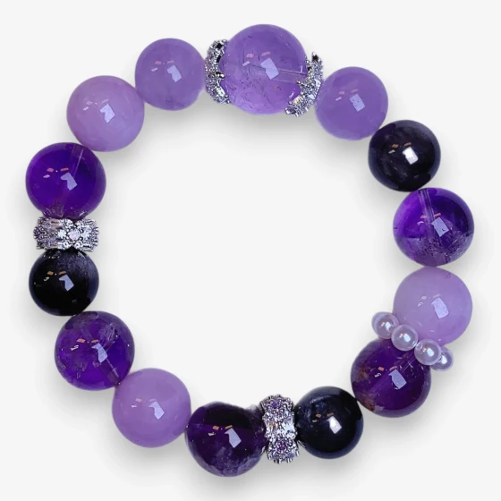 Natural Amethyst & Lepidolite Bracelet, Purple Crystal, Symbol of Deep Calm & Soothing Energy