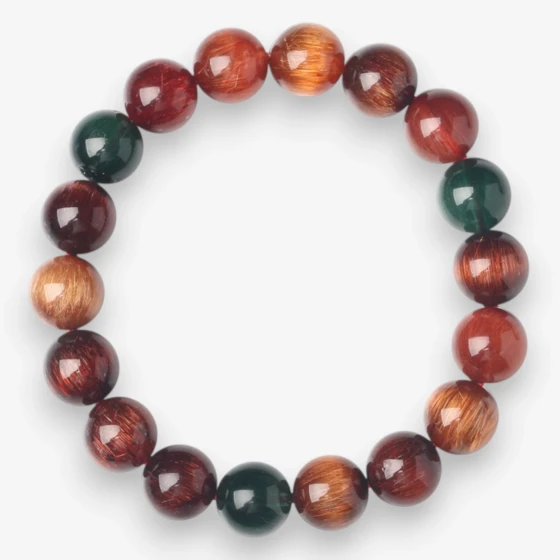 Natural Mixed Rutilated Quartz Bracelet (Unisex), featuring Red, Copper, and Gold Rutile, also known as a 'Fu Lu Shou' design