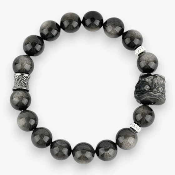 Natural Silver Obsidian "Lion Head" Bracelet, Unisex Jewelry, Symbol of Protection, Courage & Grounding