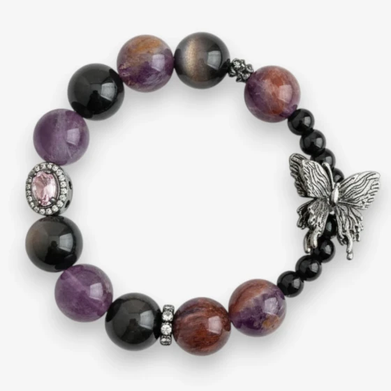 Natural Purple Phantom & Obsidian Butterfly Charm Bracelet, Symbol of Transformation & Protection