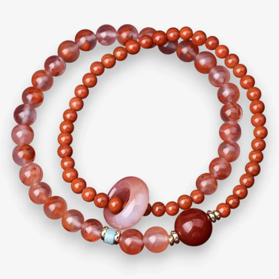 Natural Southern Red Agate "Double Layer" Bracelet, 'Persimmon Red' & 'Icy' Stone, Symbol of Vitality & Protection