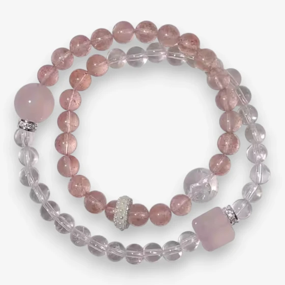 Natural Strawberry Quartz, Rose Quartz & Clear Quartz Multi-Layer Bracelet, Symbol of Love, Joy & Clarity
