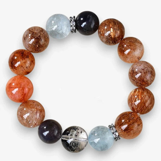 Natural Black Gold Super Seven, Gold Rutilated Quartz, Iolite, and Aquamarine Fashion Bracelet